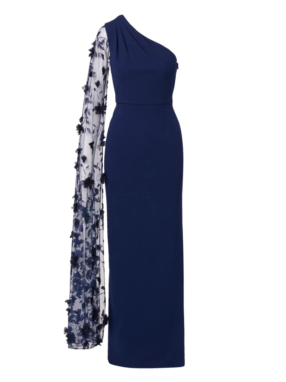 NWT Adrianna Papell Navy One-Shoulder Evening Gown with Floral Appliqué Cape - Picture 3 of 6